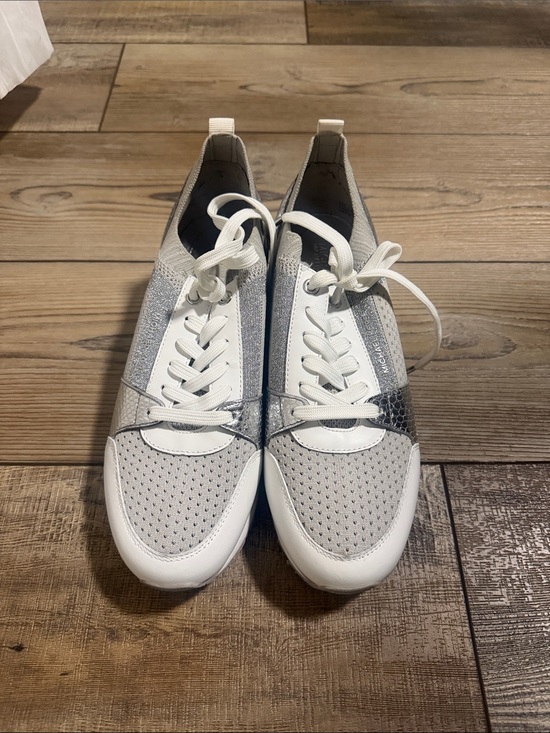 Michael Kors Shoes - Michael Kors White and Gray Knit Lace-Up Sneakers with Metallic Accent
